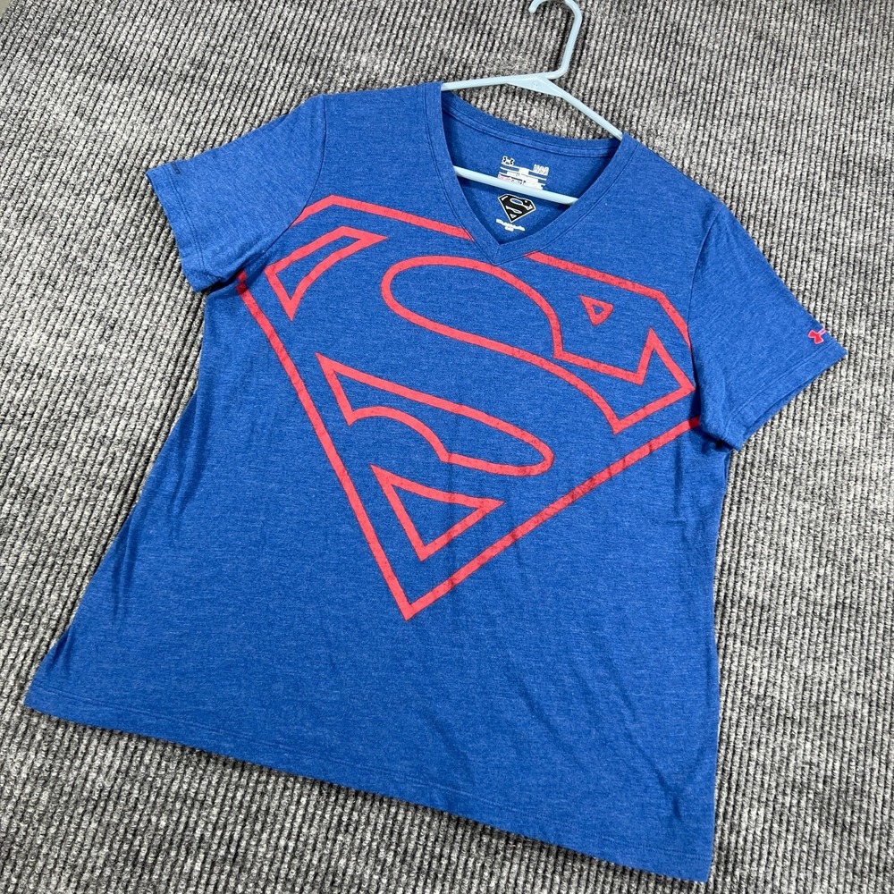 Under Armour Shirt Womens Large‎ Blue Superman Logo Graphic V Neck Short Sleeve